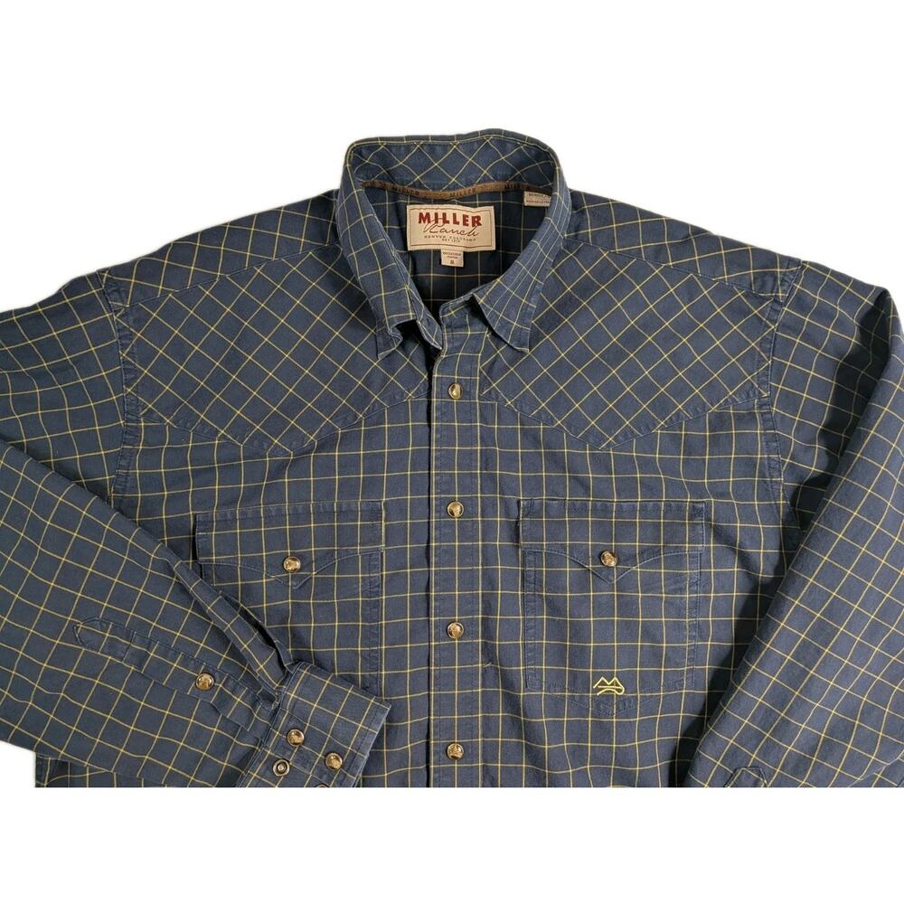 Miller Ranch Shirt Men's Medium Long Sleeve Button Navy Blue Checkered Western